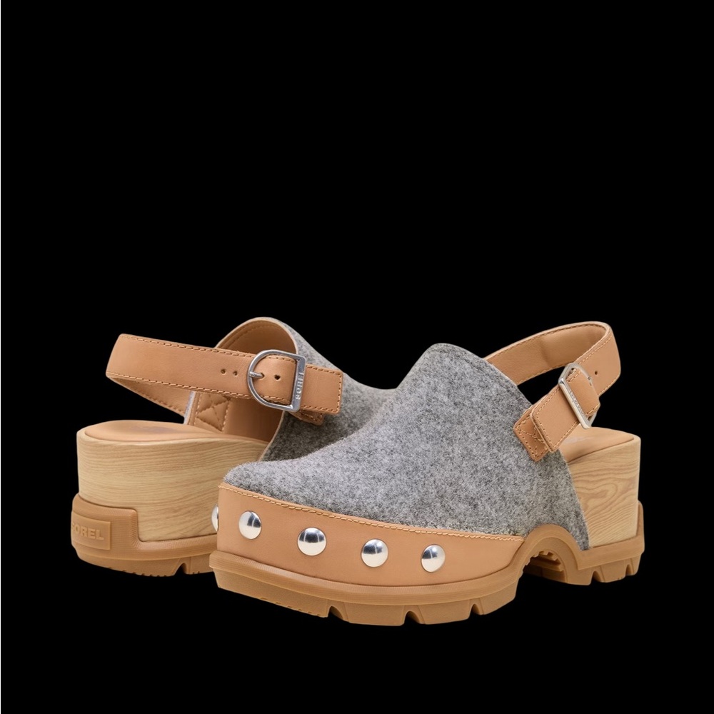 Sorel Grey Felt & Tan Leather Clog Sandals